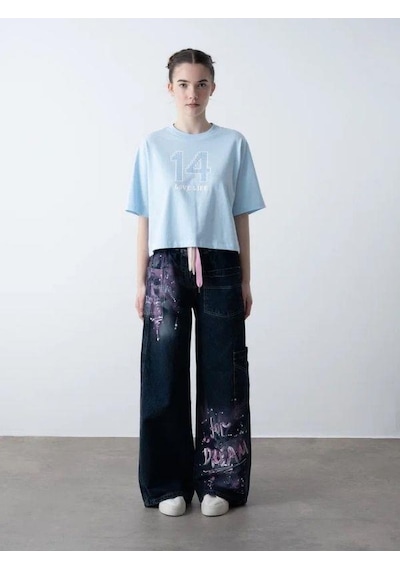 Zekids Kız Çocuk 14 Lıfe Yazılı Pamuklu Tshirt-15795 Mavi