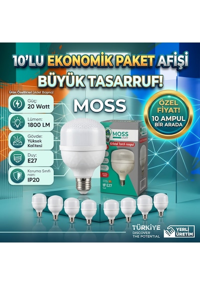 Moss Light Vip Aydınlatma / 20w Kristal Torch Ampul Beyaz Işık / 10'lu Ekonomik Paket