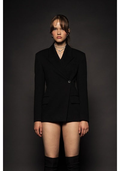 Kadın Siyah Asimetrik Kruvaze Blazer Siyah