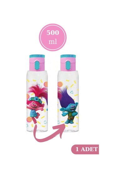 Flosoft Lisanslı Trolls Matara, Trolls Desenli Düğmeli Okul Suluğu, Sızdırmaz Öğrenci Suluk 500Ml