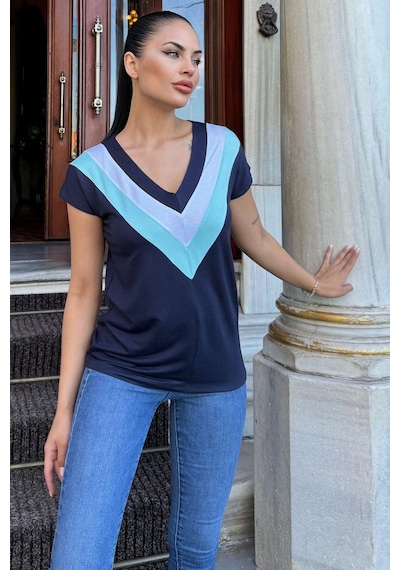 Kadın Laci V Yaka, Kısa Kol, Color Block Detaylı, Terletmez Dokulu Kumaş, Salaş Bluz, Tshirt Lacivert