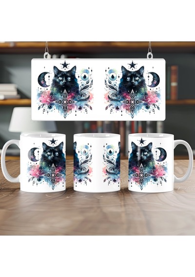 Kozmik Siyah Kedi Kupa Bardak - Spiritüel Kedi Tasarım - Yıldız Ve Hilal Baskılı Sanatsal Hediye Beyaz