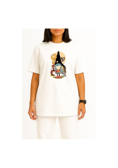 Bahriyeli Collection Oversize Hilda Ve Taş Orman, Çizgi Roman Göğüs Tasarımlı Unisex T-shirt Beyaz