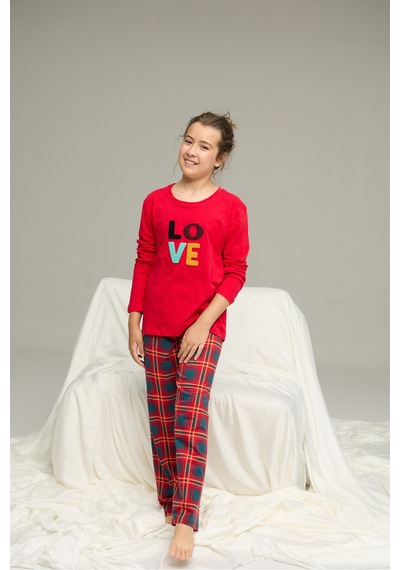 Siyah İnci Pamuklu Bisiklet Yaka Örme Pijama Takım25241124 Kırmızı