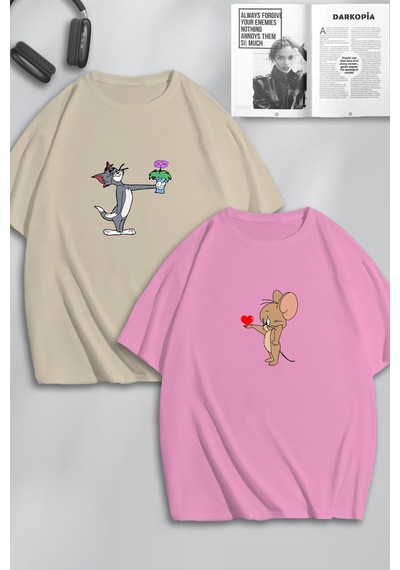 Unisex Kadın Erkek Çiçek Kalp Tom Ve Jerry Baskılı Sevgili Çift Kombini Tasarım Oversize Tshirt 2li Pembebej Mck0190 Çok Renkli