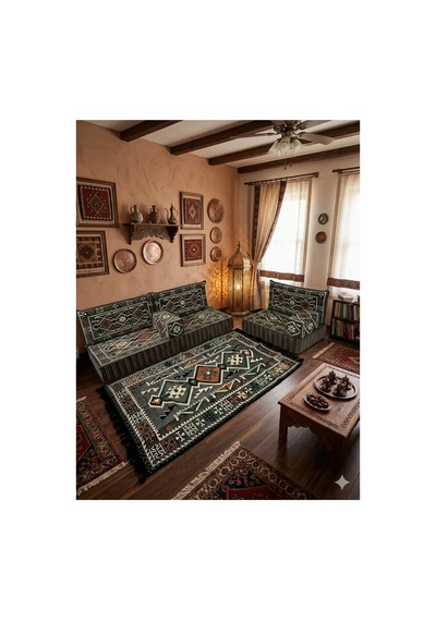 20 Cm Kalınlıklı Şark Köşesi Takımı - 70x190 + 70x95 Anadolu Gri Desenli Minder Seti
