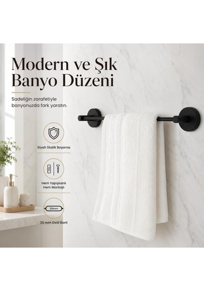 Lotus Siyah Uzun Havluluk, Yapışkanlı Ve Vidalı Montajlı Havlu Askısı, Mat Siyah Statik Boyama, 35 Mm Oval Bantl Diğer