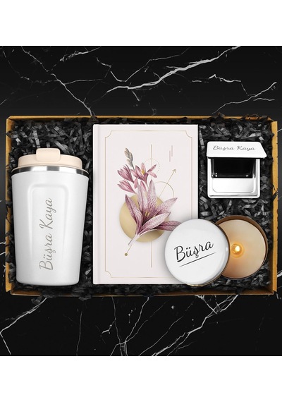Kişiye Özel Starbucks Model Çelik Termos & Tasarım Defter & Beyaz Ayna & Mum Hediye Seti