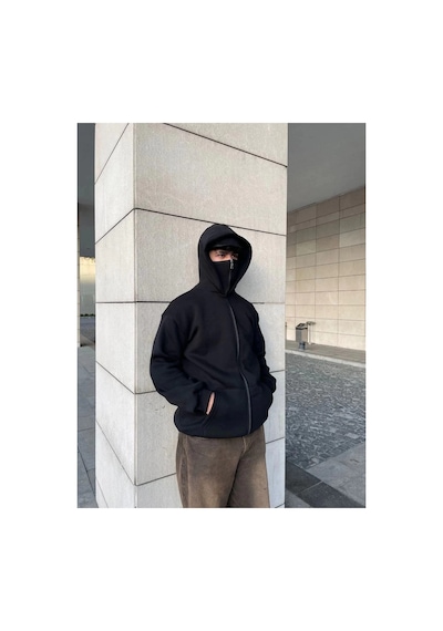 Samuray Ninja Çift Kapşonlu Zıp Fermuarlı Kanguru Çepli Tam Fermuarlı Hoodie Swetshirt - Siyah