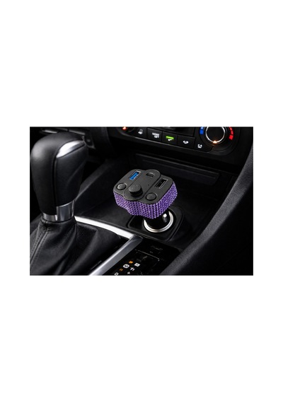 Araç İçi Mor-lila Kristal Taşlı Fm Transmitter Bluetooth Usb Type-c Oto Çakmaklık
