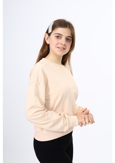 Toontoy Kız Çocuk Relax Fit Bisiklet Yaka Düşük Omuz Sweatshirt - 2 İplik Bej