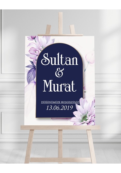 Söz Nişan Düğün İçin 50x70 Karşılama Panosu - Mavi Ve Pembe Çiçek Tasarımlı Beyaz