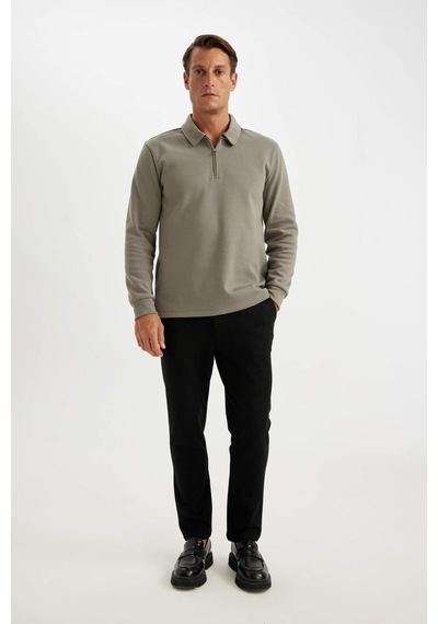 DeFacto Regular Fit Polo Yaka Yarım Fermuarlı Basic Düz Sweatshirt D2279AX24AUGR308