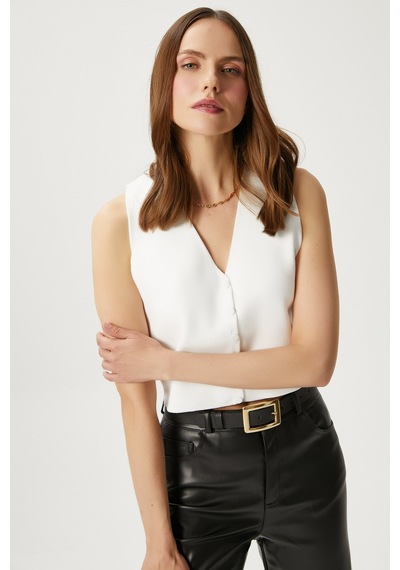 Ritnice Kadın Petite Çıtçıtlı Crop Krem Triko Yelek Krem