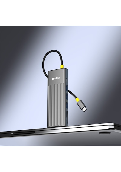 S-link Sw-u709 9 İn 1 Gri Metal 4k 60hz Hdmı 100w Pd, Rj45 Gigabit, 3xusb 3.2, Sd/tf Type-c Hub Adaptör