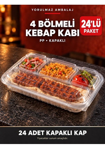 4 Bölmeli Pp Kapaklı Kebap Kabı 24 Lü Paket Şeffaf Yemek Ve Menü Kabı