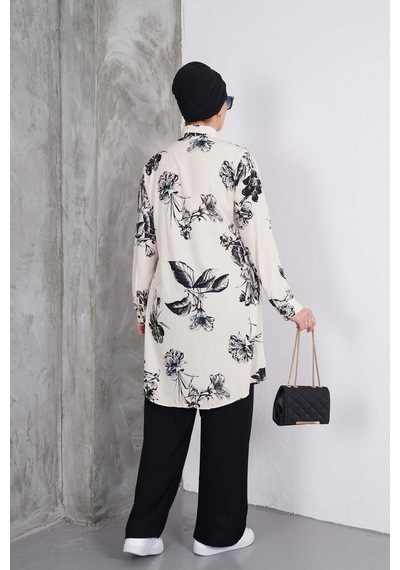 Polologin Butik Siyah Beyaz Çiçekli Tunik Pantolon Takımı Siyah & Beyaz
