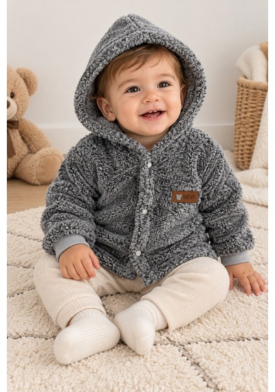 Beniizle Kapüşonlu Unisex Welsoft Yumuşak Dokulu Çıtçıtlı Kışlık Bebek Hırkası Antrasit