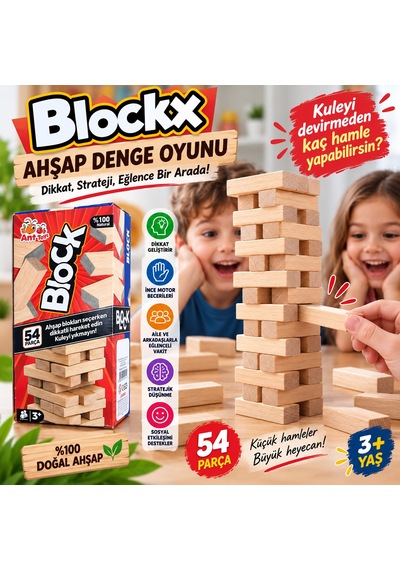 Ahşap Denge Oyunu Blockx 54 Parça Kule Devirme Strateji Ve Beceri Oyunu