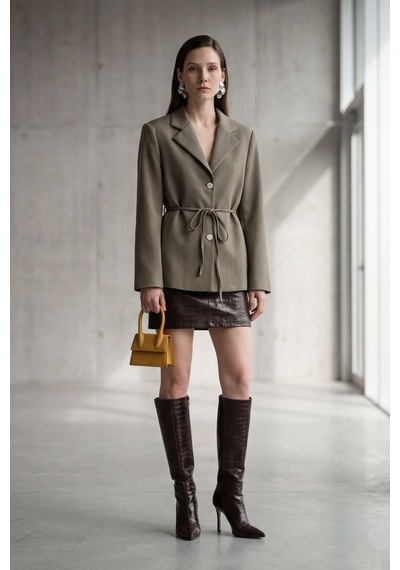 Hiccup My Fashıon Kemerli Krep Blazer Ceket Haki Yeşil