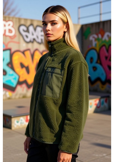 Benerly Kadın Dik Yaka Düşük Kol Tam Fermuarlı Peluş Sweatshirt Fonksiyon Haki