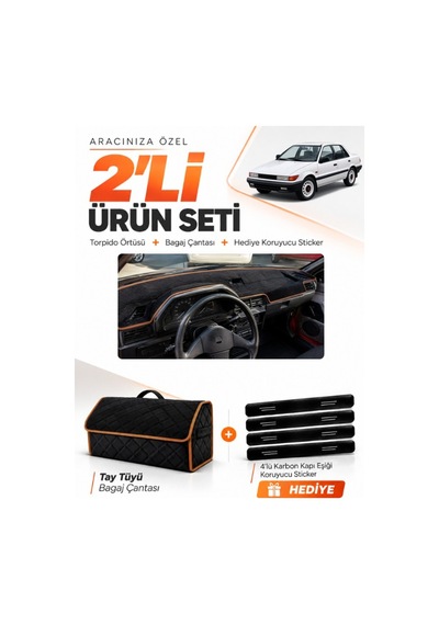 Mıtsubıshı Lancer 1987-1991 Uyumlu Torpido Örtüsü + Tay Tüyü Çanta + Sticker - Siyah Kahverengi