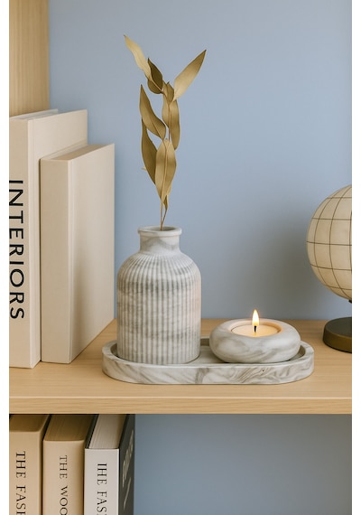 Seramik Vazo, Tealight Mumluk Ve Dekoratif Tepsi Seti - Beyaz Minimal Tasarım 29894909