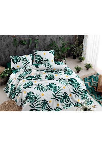 Eponj Home Doğal Pike Baskılı Çift Kişilik Monstera Yeşil Yeşil