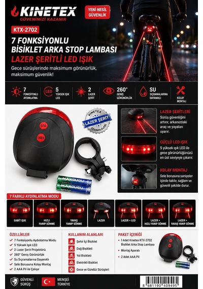 7 Fonksiyonlu Lazer Şerit Bisiklet Arka Stop Lambası 5 Led, 2 Lazer, Su Geçirmez, 260 Görünürlük Çok Renkli