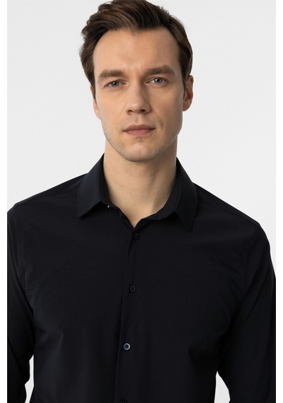 Süvari Lacivert Slim Fit Düz Klasik Yaka Gömlek-34395 Lacivert