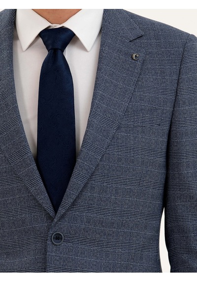 Cacharel Mavi Slim Fit Kareli Takım Elbise