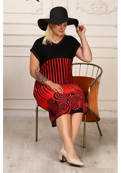 Dip Moda Kadın Çizgili Büyük Beden Elbise Dpaysl54 Bordo