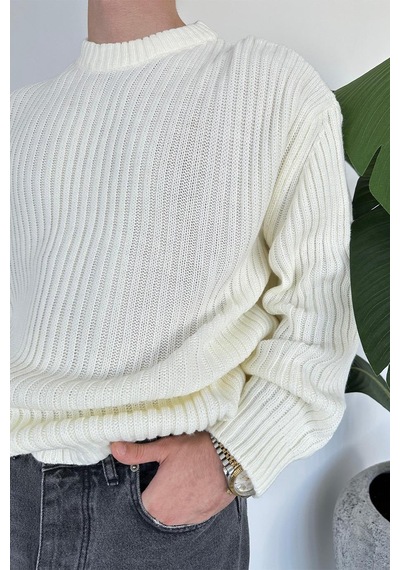 Ekru Bisiklet Yaka Fitilli Oversize Triko Kazak Ekru