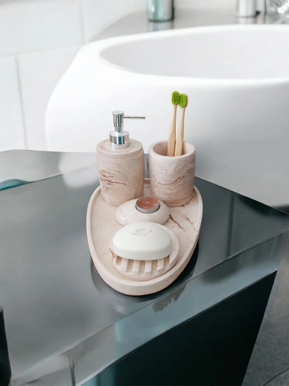 5'li Mermer Desenli Beton Banyo Seti ,sabunluk,diş Fırçalığı,tepsi,mumluk,havluluk, Aksesuar Bej