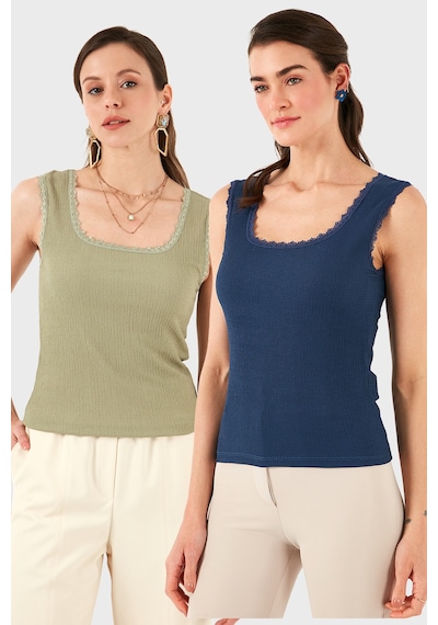 Lela Slim Fit Kalın Dantelli Kare Yaka Bürümcük 2'Li Paket Bayan Atlet 5864979S2 Olive-Indigo