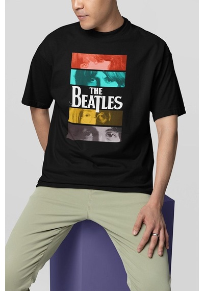 The Beatles Baskılı Unisex Tişört, Oversize Müzik Grubu Tişört Siyah
