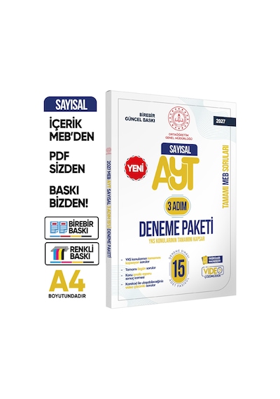 2027 3 Adım YKS-ayt Sayısal Mebi Özgün Sorular 15li Deneme Fasikül Paketi Video Çözümlü Baskı Ücreti