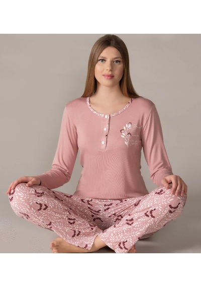 Flz Kadın Uzun Kol Pijama Takımı Viskon Mevsimlik Dowry 09-133 Pembe