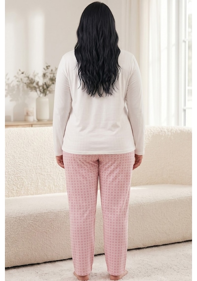 Siyah İnci Pamuklu Likralı Büyük Beden Battal Boy Örme Pijama Takım 26240919 Beyaz