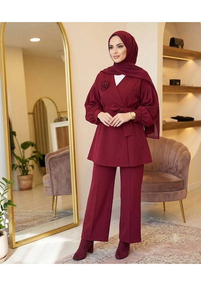 Lovie Moda Gül Detaylı Pantolonlu İkili Takım Bordo