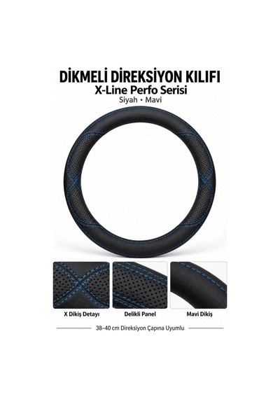 Trobus Seat Ateca 2016-2023 Uyumlu Dikmeli Direksiyon Kılıfı X-line Perfo Siyah Mavi Siyah - Mavi
