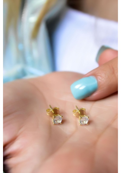 925 Ayar Gümüş Altın Kaplama Zirkon Taşlı Tektaş Küpe 3,5mm. Gümüş