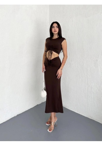 Freedom Store Osy Modal Yumuşak Dokulu Kumaş Büzgülü Crop Etek Takım -kahverengi