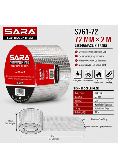 Sara S761-72 Sızdırmazlık Bandı 72 Mm X 2 M, Alüminyum Folyo Yüzeyli, Kendinden Yapışkanlı