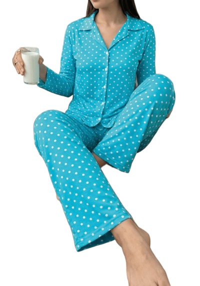 Önden Düğmeli Milan Uzun Kollu Kadın Pijama Takımı Mavi