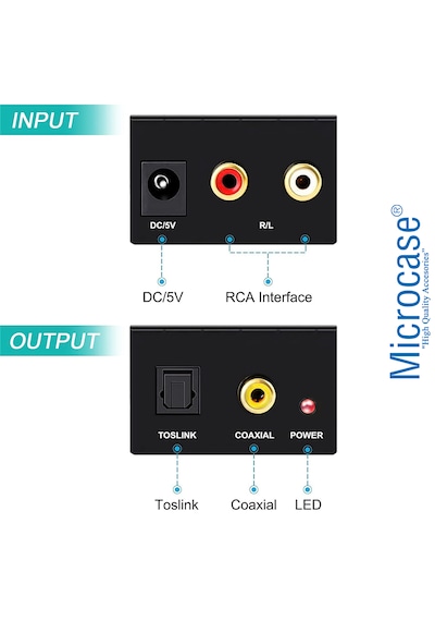 Microcase Analog Ses Dijital Ses Çevirici 48khz Toslink Coaxial Destekli Çevirici Al5751 Siyah
