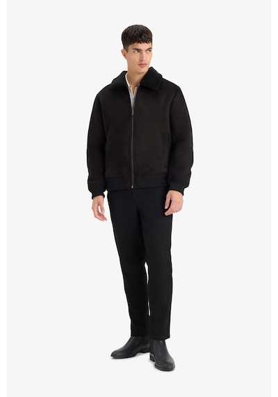 Defacto Slim Fit Dar Kesim Kürklü Polo Yaka Astarlı Fermuarlı Cepli Süet Mont A3869ax25wnbk27 Siyah-bk27