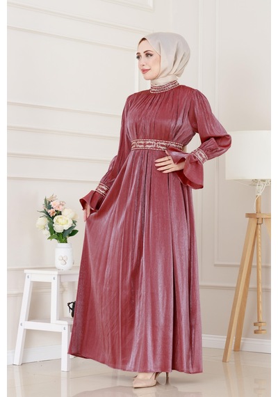 Kolu Volanlı Nakış Detaylı Abiye-bordo-4959