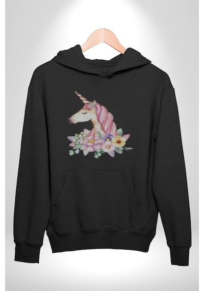 Unicorn Çiçek Kadın Erkek Siyah Kapüşonlu Sweatshirt Hoodie Siyah