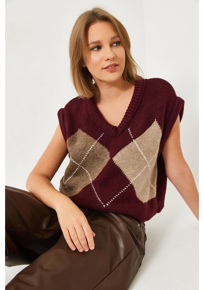 Shade Kadın Premium Baklava Desenli Oversize Triko Süveter Ts241003 60261172 - Bordo